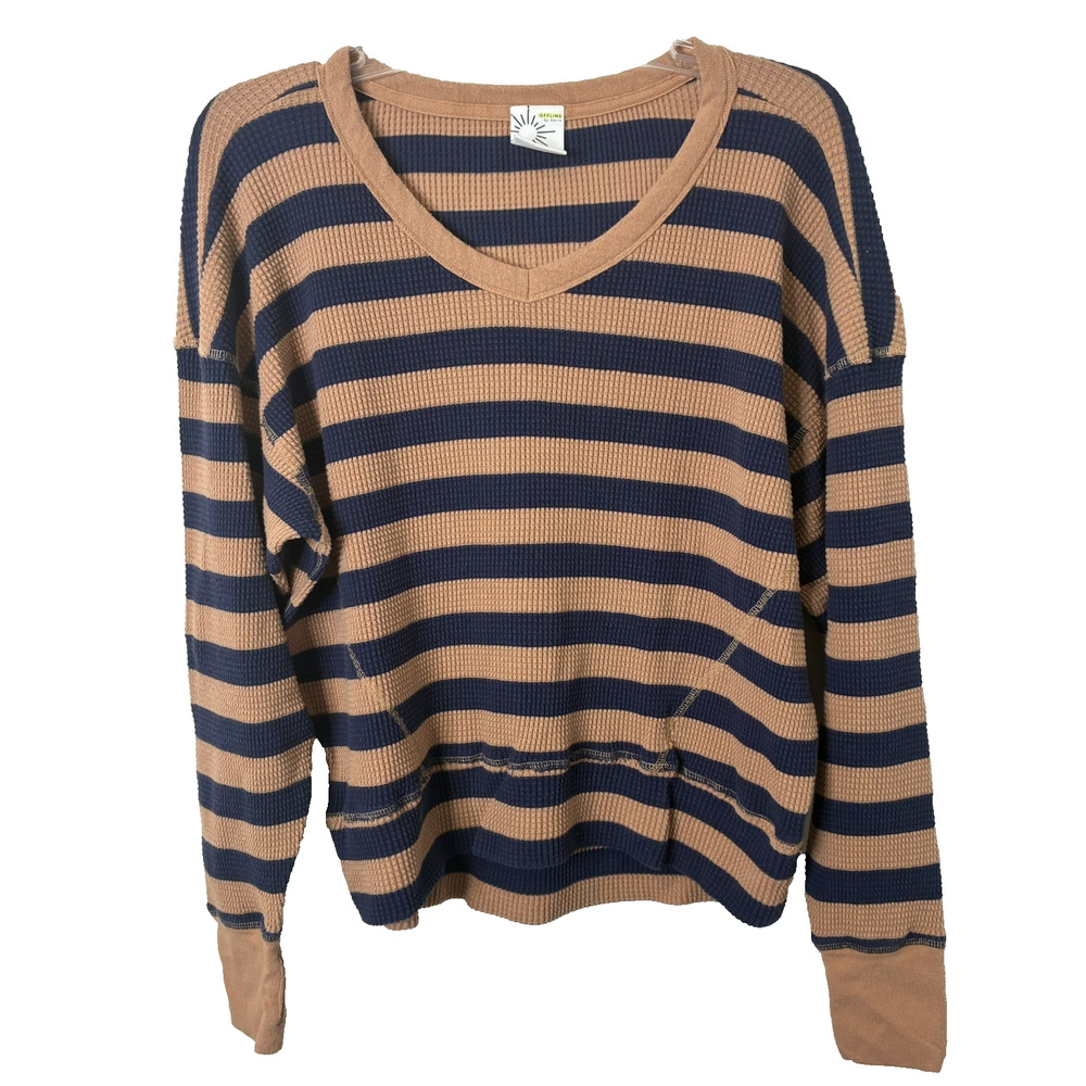 Offline by Aerie Striped V-Neck Waffle Knit Long Sleeve Top w/Thumbholes XS